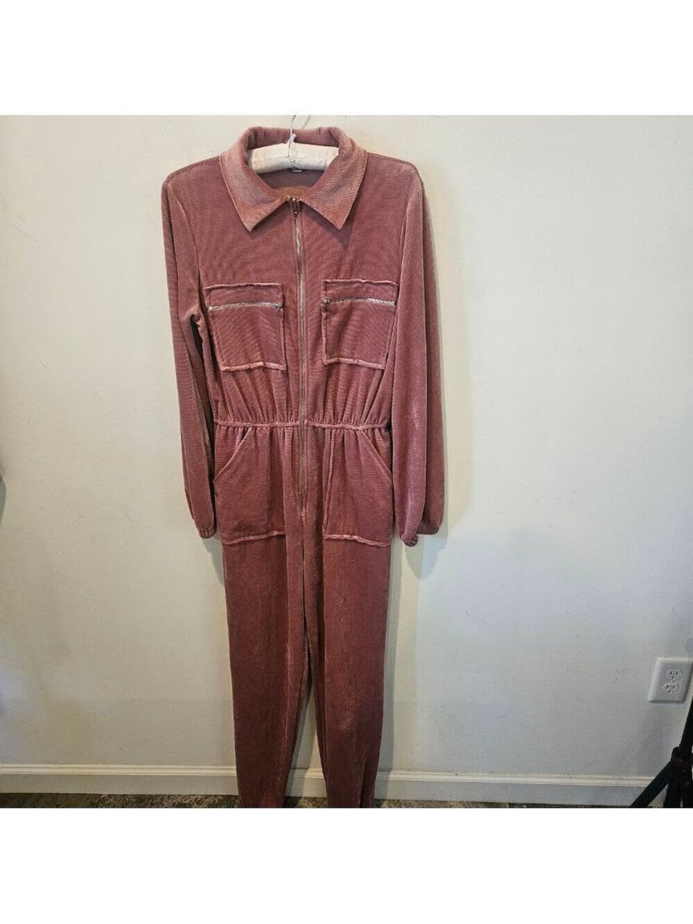 Women's Fashion Nova Pink Ribbed Velour Long Sleeve Jumpsuit S